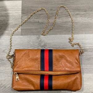 Modern Lux Tan Fold-Over Clutch with Red & Navy Stripe